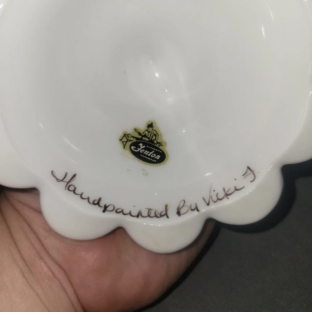 Milk Glass Finger Ring Candle Holder Hand Painted Violets Signed by Vicki F